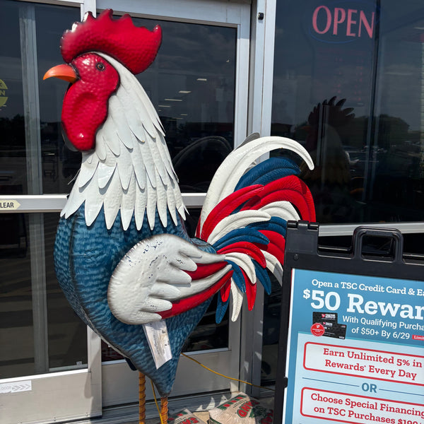 PATRIOTIC ROOSTER 6 FOOT CHICKEN GARDEN ANIMAL SCULPTURE METAL DECOR HANDMADE