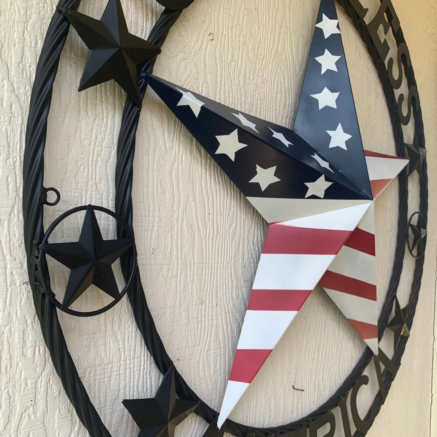 GOD BLESS AMERICA USA FLAG 3d STAR METAL BARN STAR BLACK TWISTED ROPE RING WALL ART WESTERN HOME DECOR RED WHITE & BLUE HANDMADE NEW #EH10490