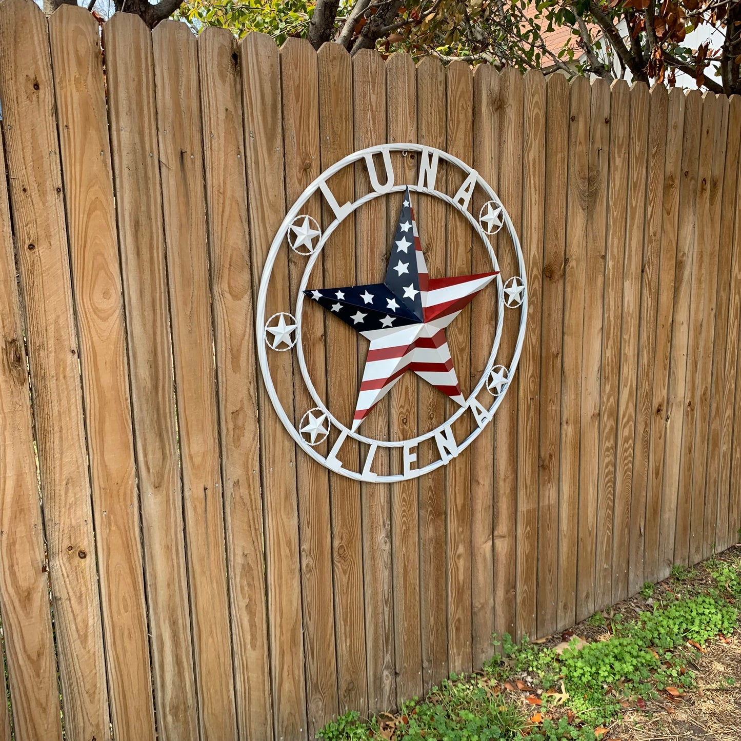 LUNA STYLE CUSTOM NAME BARN STAR METAL STAR 3d TWISTED ROPE RING WESTERN HOME DECOR USA FLAG STAR RED WHOTE & BLUE WITH WHITE RING HANDMADE 24",32",36",50"