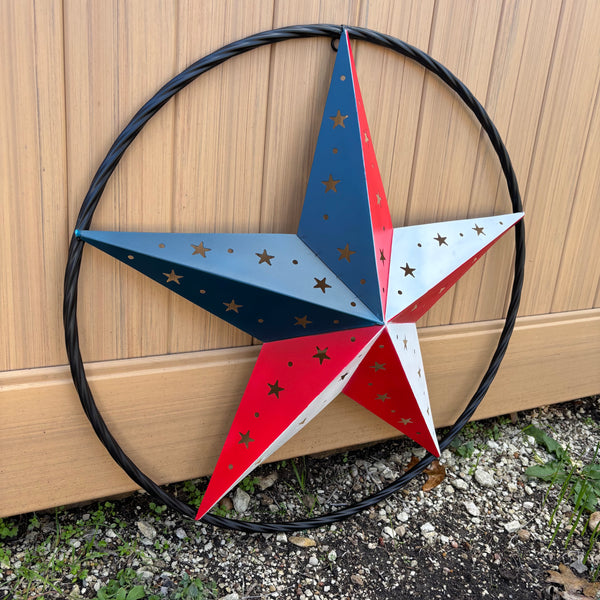 24" RED WHITE BLUE STAR USA FLAG STAR WITH SMALL STAR CUTOUT WESTERN HOME DECOR HANDMADE# EH12312