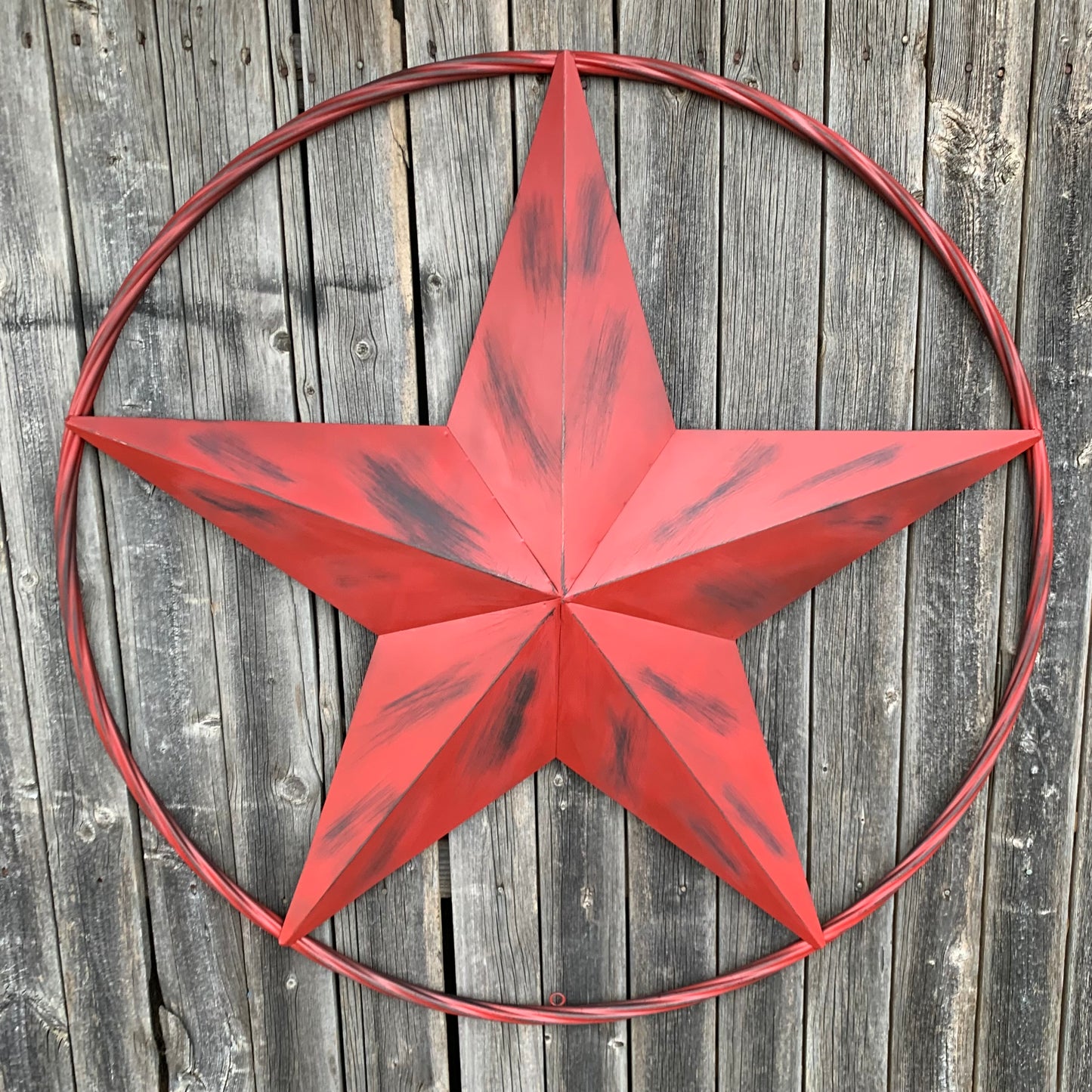 RED DISTRESSED STAR TWO TONE TEXTURE BARN STAR METAL LONESTAR TWISTED ROPE RING WESTERN HOME DECOR HANDMADE NEW #EH12958
