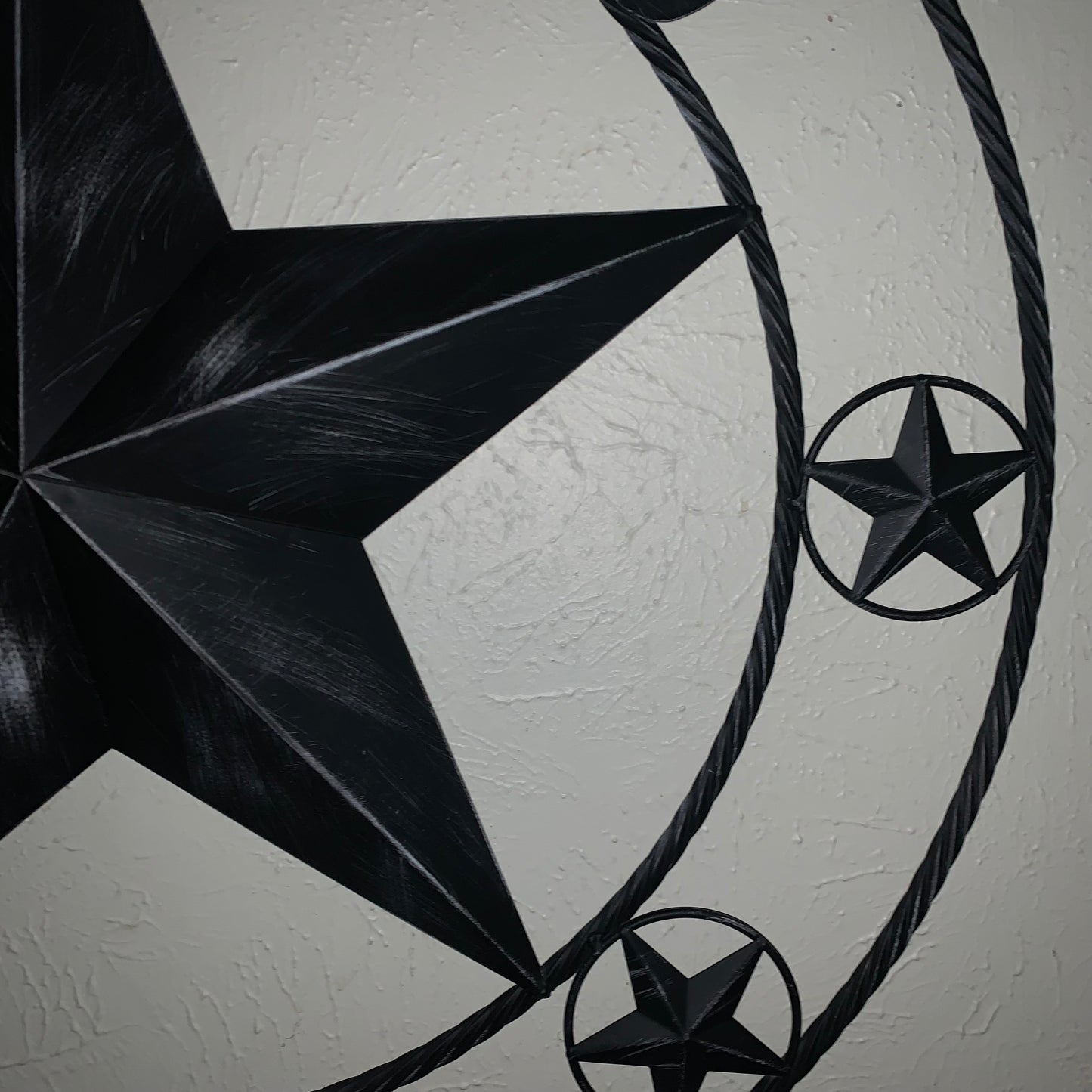 TEXAS BLACK DISTRESSED STAR TWO TONE TEXTURE BARN STAR METAL LONESTAR TWISTED ROPE RING WESTERN HOME DECOR HANDMADE NEW