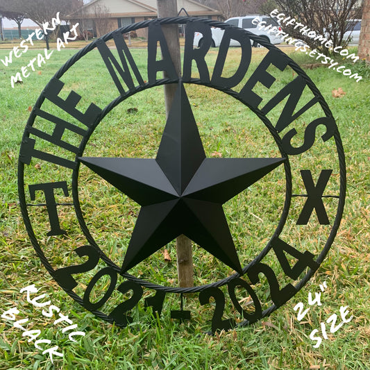 MARDENS STYLE CUSTOM NAME STAR BARN METAL STAR 3d TWISTED ROPE RING WESTERN HOME DECOR RUSTIC BLACK HANDMADE 24",32",36",50"