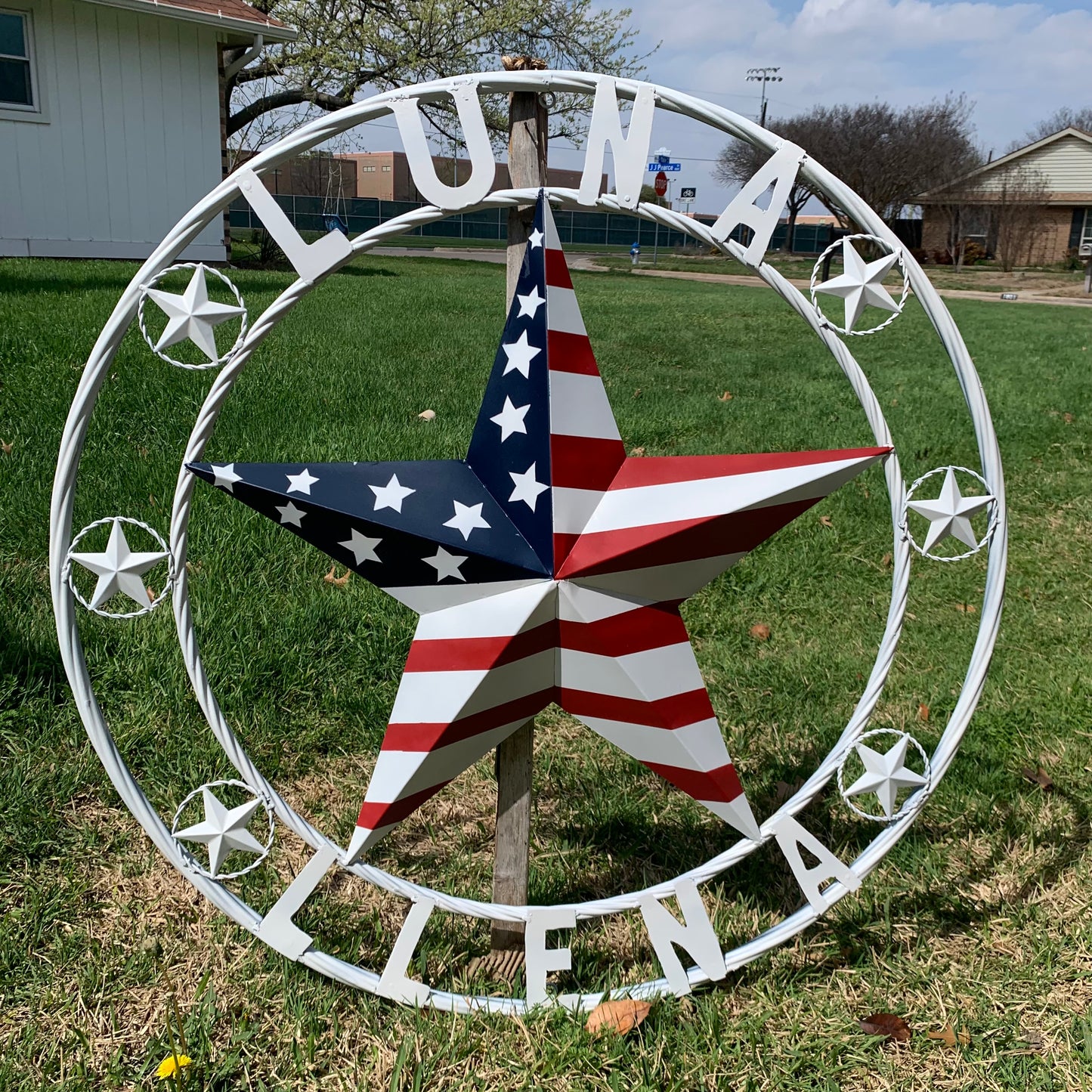 LUNA STYLE CUSTOM NAME BARN STAR METAL STAR 3d TWISTED ROPE RING WESTERN HOME DECOR USA FLAG STAR RED WHOTE & BLUE WITH WHITE RING HANDMADE 24",32",36",50"