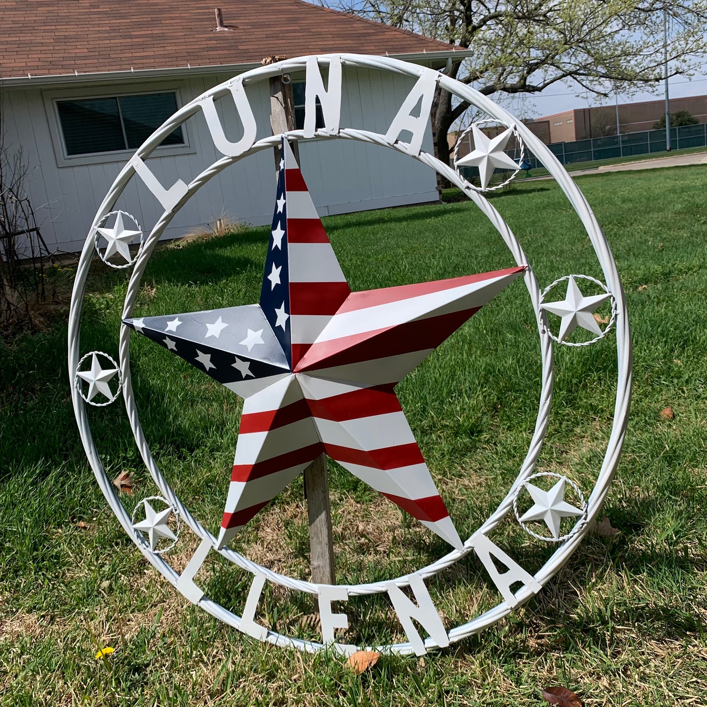 LUNA STYLE CUSTOM NAME BARN STAR METAL STAR 3d TWISTED ROPE RING WESTERN HOME DECOR USA FLAG STAR RED WHOTE & BLUE WITH WHITE RING HANDMADE 24",32",36",50"
