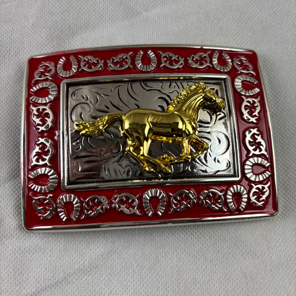 HORSE BELT BUCKLE GOLD SILVER & RED OUTLINE WESTERN METAL BUCKLE FASHION ART 4.5" X 3.5"  #EH12265