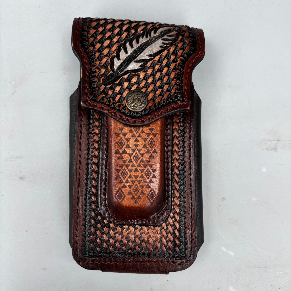 LEAF LEATHER HOLSTER 7" PHONE POUCH WITH KNIFE HOLDER FRONT EXTRA LARGE  BELT LOOP CELL PHONE CASE UNIVERSAL OVERSIZE MEXICO MADE #EH13863