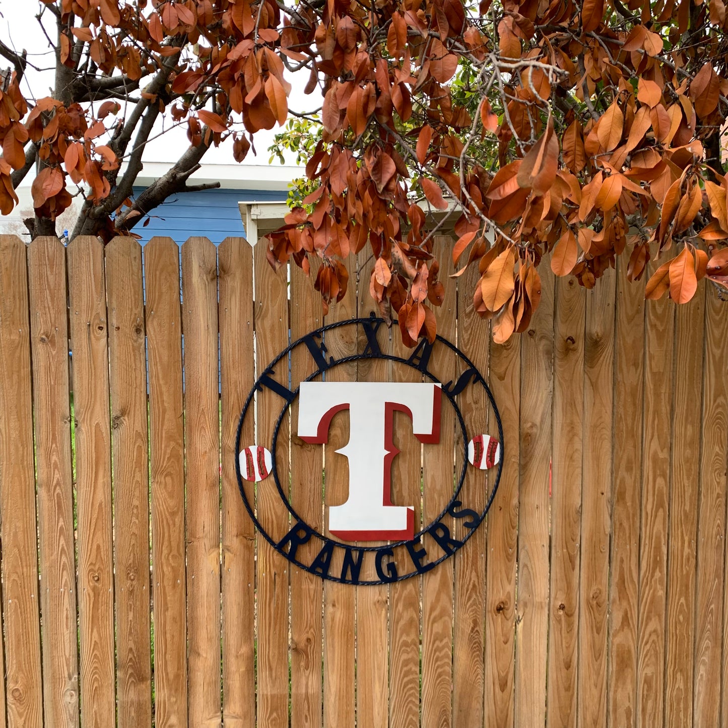 TEXAS RANGERS CUSTOM METAL VINTAGE CRAFT TEAM SIGN WHITE & RED & NAVY BLUE RING HANDMADE