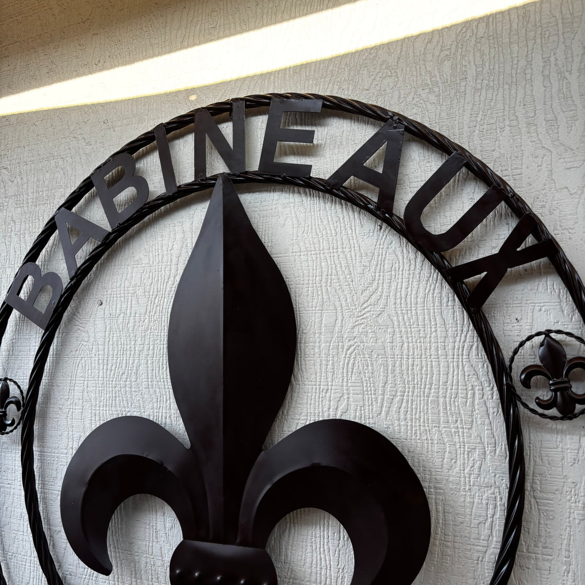 BABINEAUX STYLE YOUR CUSTOM NAME FLEUR DE LIS BROWN METAL TWISTED ROPE RING SIGN WALL ART WESTERN HOME DECOR HANDMADE 24", 32", 36"