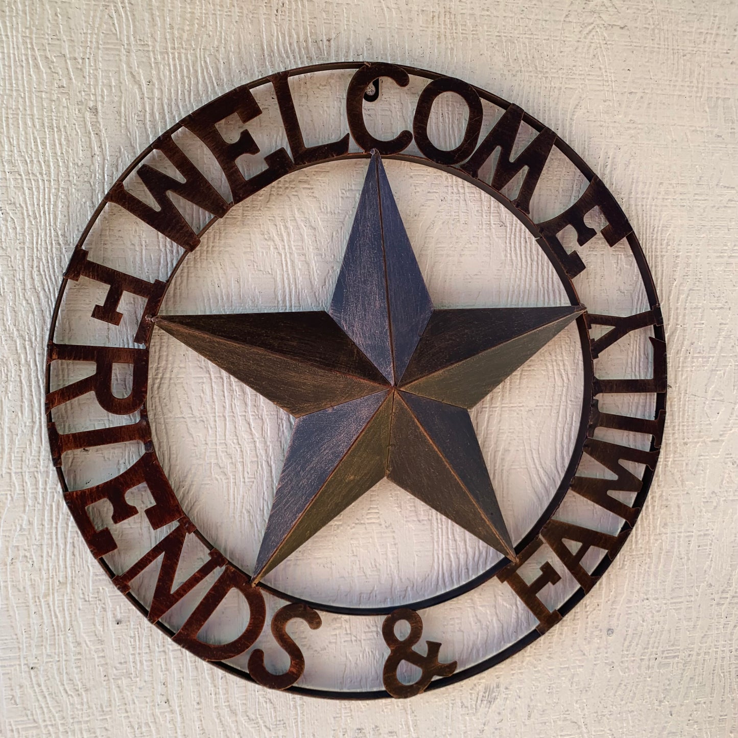 WELCOME FRIENDS FAMILY BARN METAL STAR WALL ART BRONZE WESTERN HOME DECOR HANDMADE NEW #EH13339