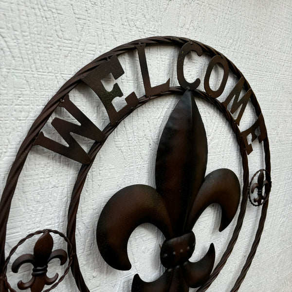 24" WELCOME FLEUR DE LIS METAL WALL ART WESTERN HOME DECOR BROWN NEW #EH11997