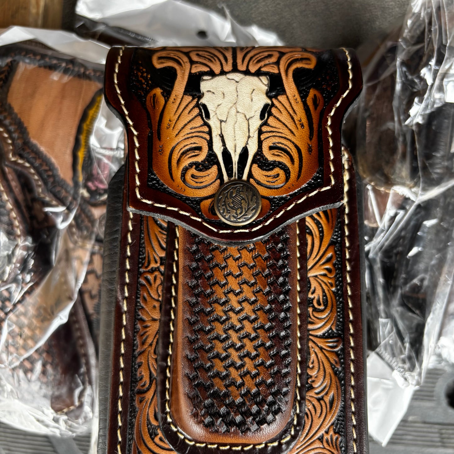 LONGHORN LEATHER HOLSTER 7" PHONE POUCH WITH KNIFE HOLDER FRONT EXTRA LARGE  BELT LOOP CELL PHONE CASE UNIVERSAL OVERSIZE MEXICO MADE #EH