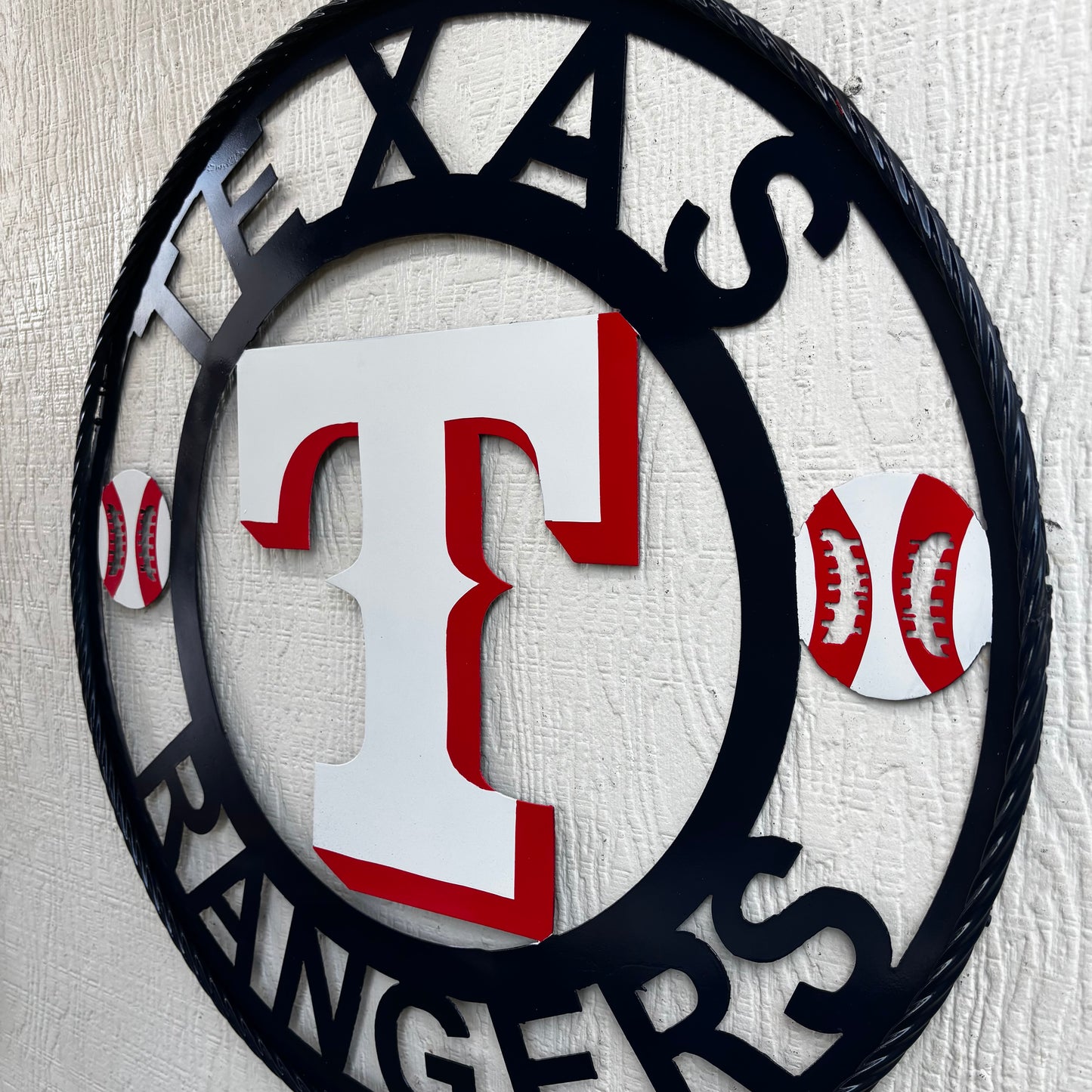 TEXAS RANGERS CUSTOM METAL VINTAGE CRAFT TEAM SIGN WHITE & RED & NAVY BLUE RING HANDMADE