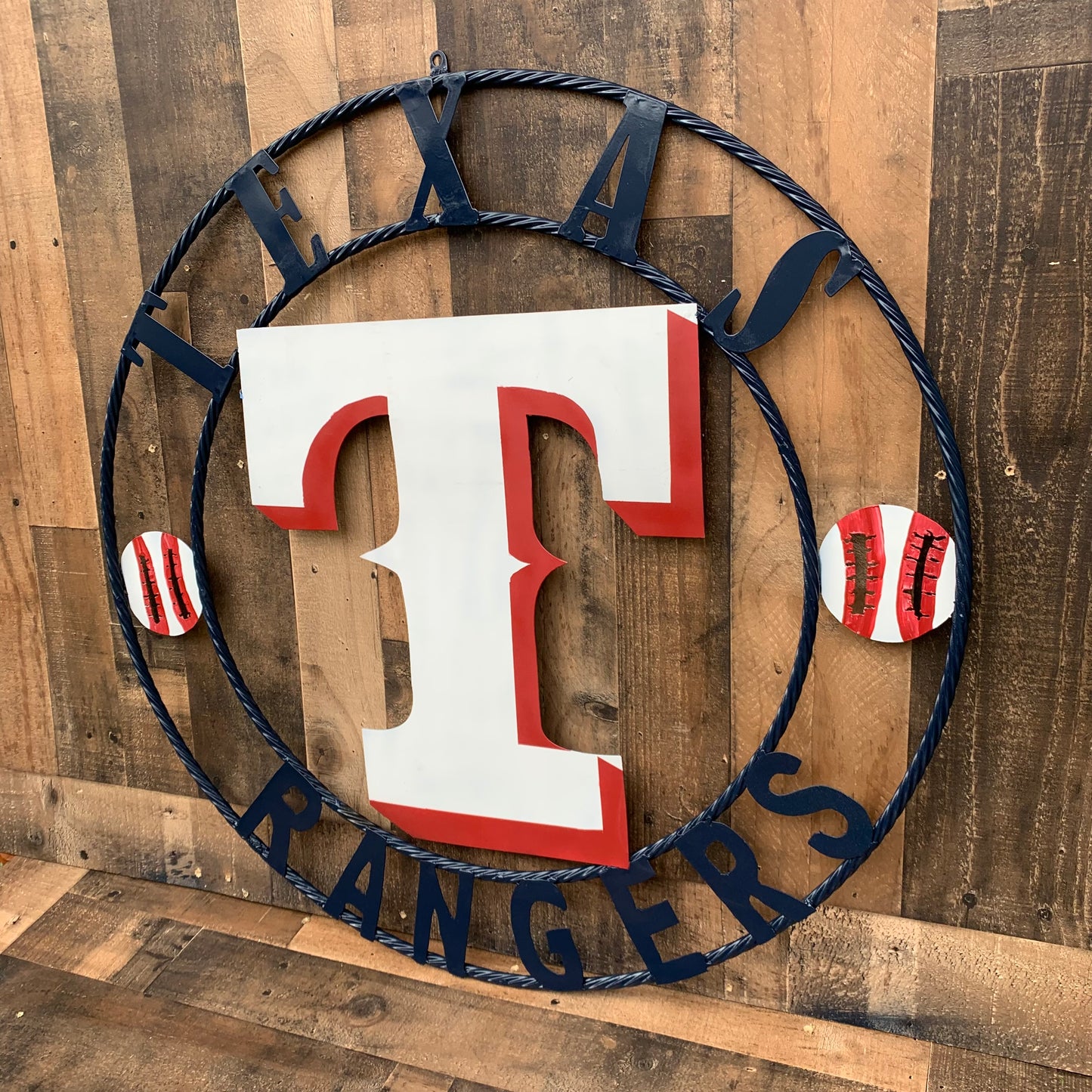 TEXAS RANGERS CUSTOM METAL VINTAGE CRAFT TEAM SIGN WHITE & RED & NAVY BLUE RING HANDMADE