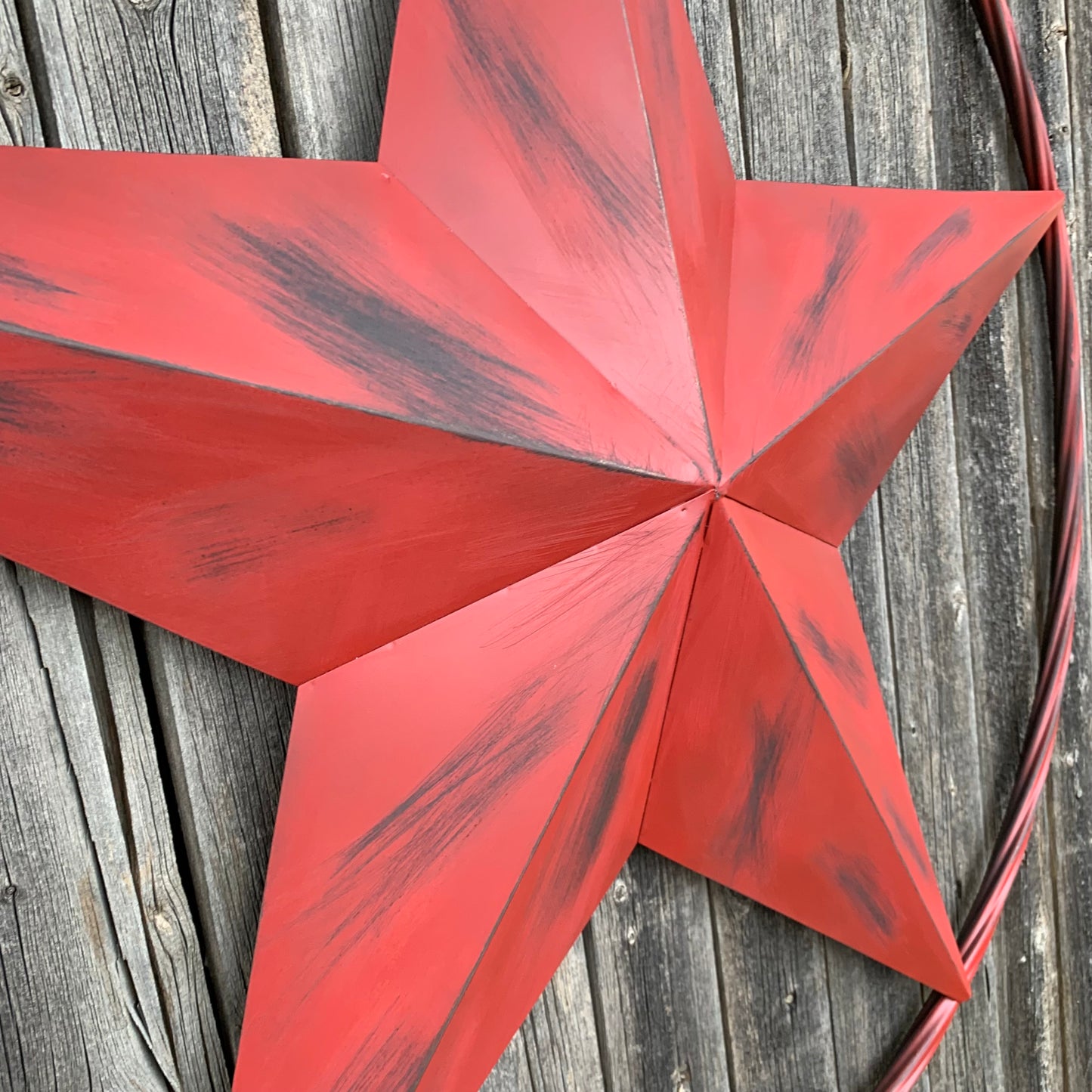 RED DISTRESSED STAR TWO TONE TEXTURE BARN STAR METAL LONESTAR TWISTED ROPE RING WESTERN HOME DECOR HANDMADE NEW #EH12958