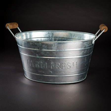 18" GALV. FARM FRESH WOOD HANDLE OVAL METAL TUB BUCKET WESTERN HOME DECOR NEW #EH12499