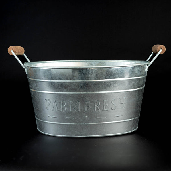 18" GALV. FARM FRESH WOOD HANDLE OVAL METAL TUB BUCKET WESTERN HOME DECOR NEW #EH12499