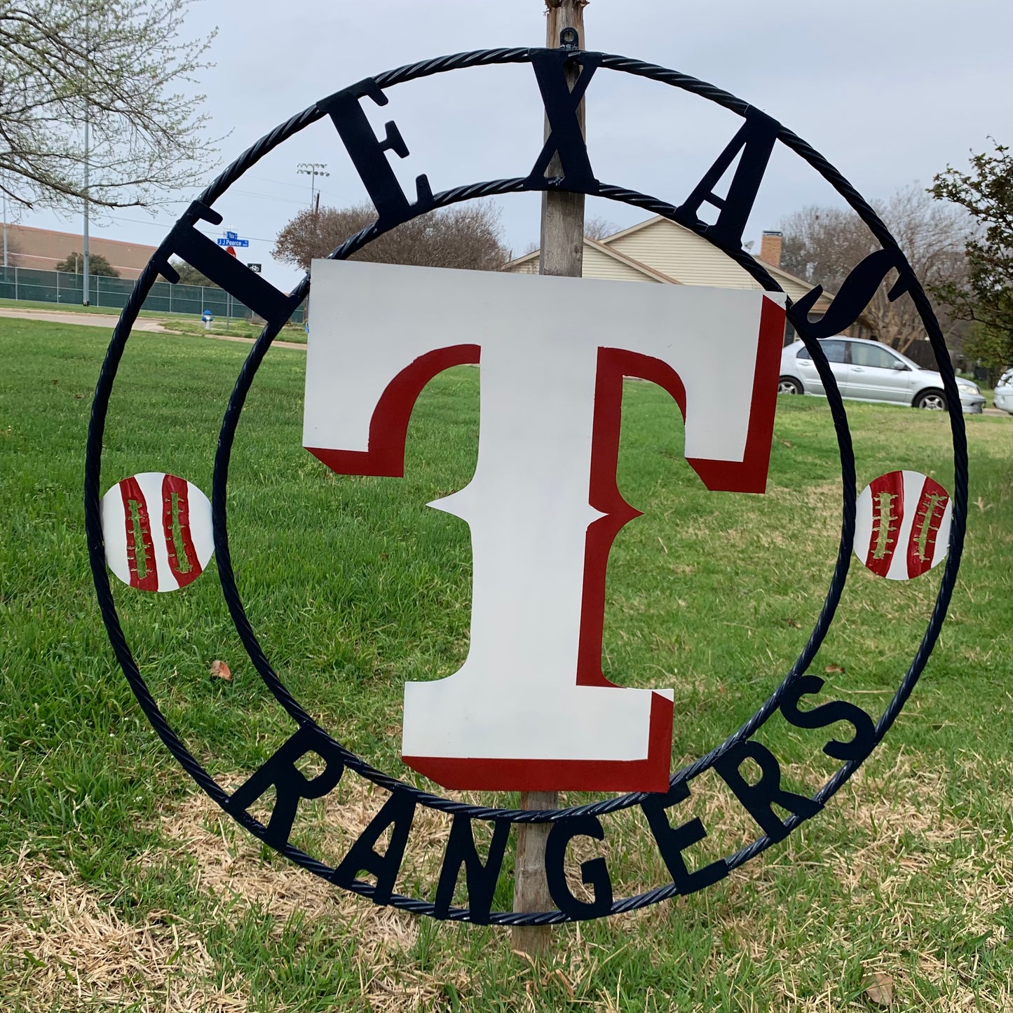 TEXAS RANGERS CUSTOM METAL VINTAGE CRAFT TEAM SIGN WHITE & RED & NAVY BLUE RING HANDMADE