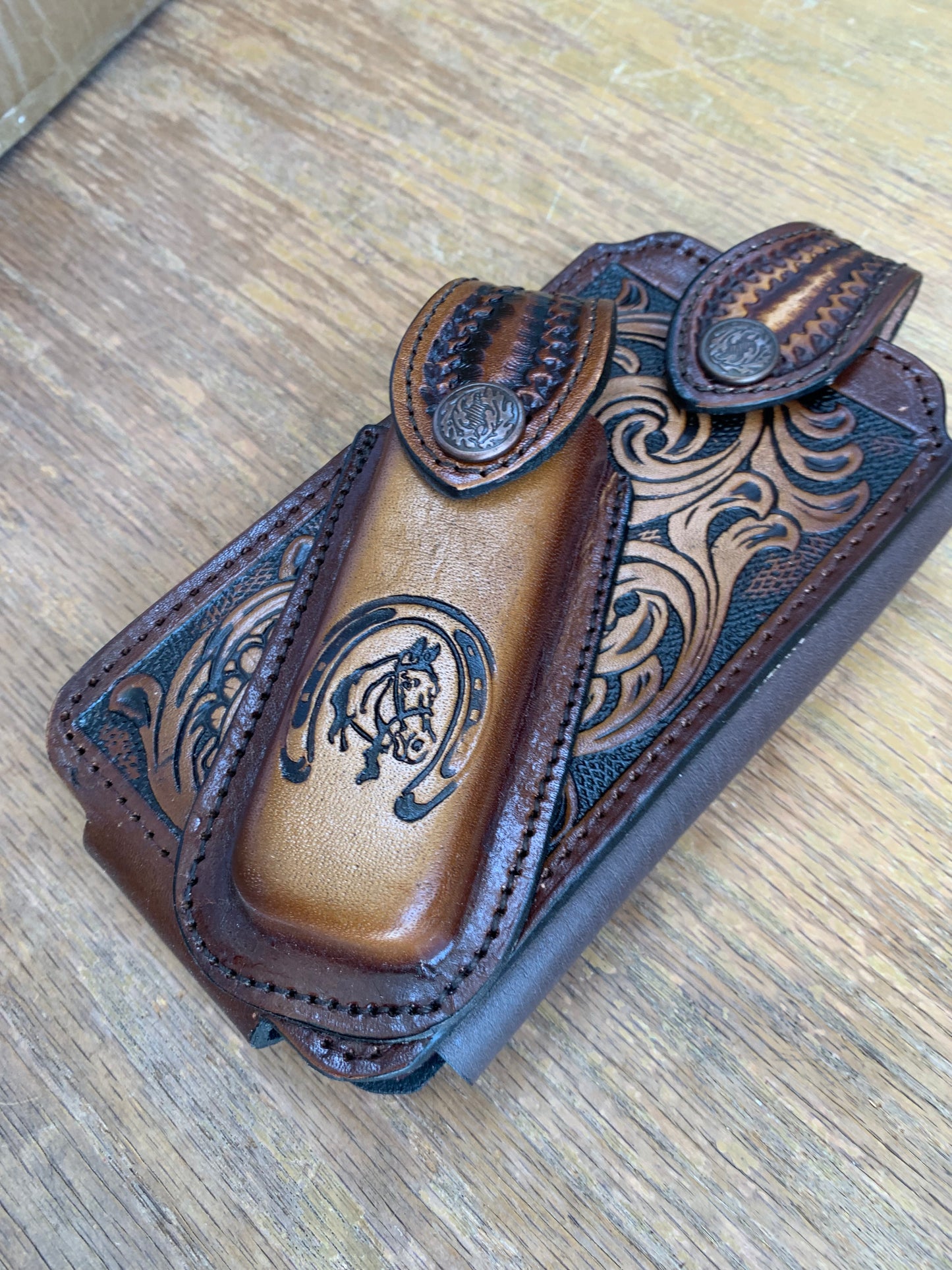 HORSESHOE LEATHER HOLSTER PHONE POUCH WITH KNIFE HOLDER FRONT EXTRA LARGE  BELT LOOP CELL PHONE CASE UNIVERSAL OVERSIZE #EH11715