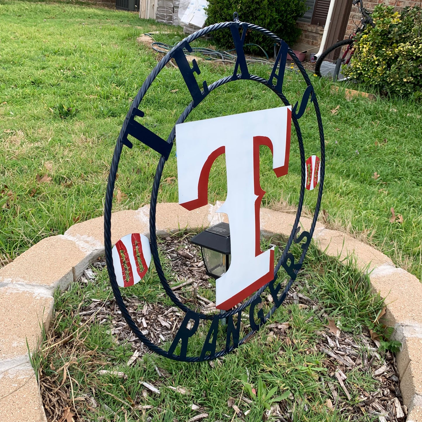TEXAS RANGERS CUSTOM METAL VINTAGE CRAFT TEAM SIGN WHITE & RED & NAVY BLUE RING HANDMADE