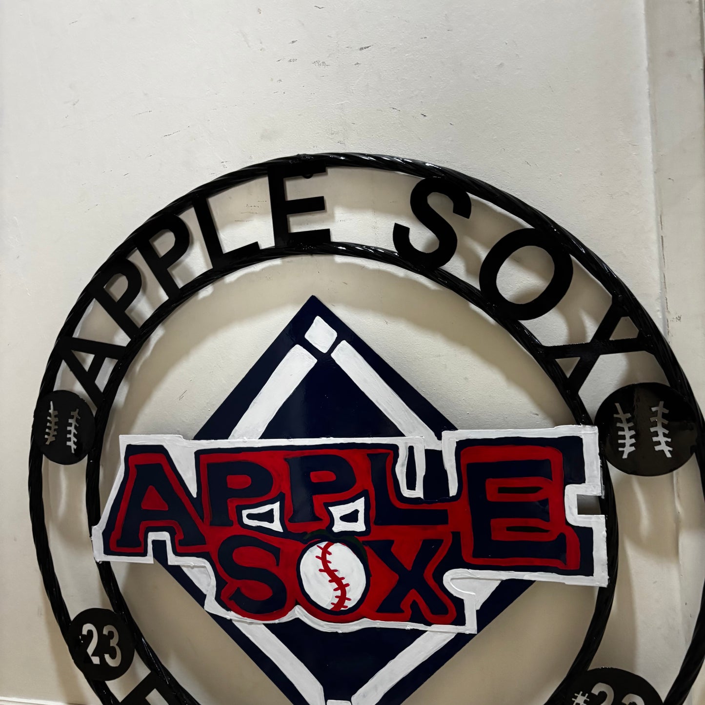 APPLE SOX BASEBALL CUSTOM METAL VINTAGE CRAFT SIGN TEAM NAVY BLUE WHITE RED HANDMADE