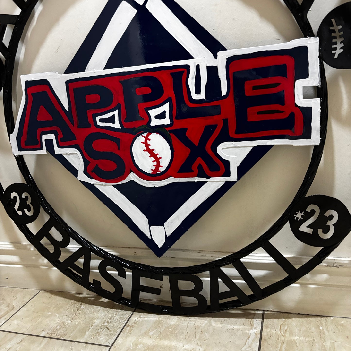 APPLE SOX BASEBALL CUSTOM METAL VINTAGE CRAFT SIGN TEAM NAVY BLUE WHITE RED HANDMADE