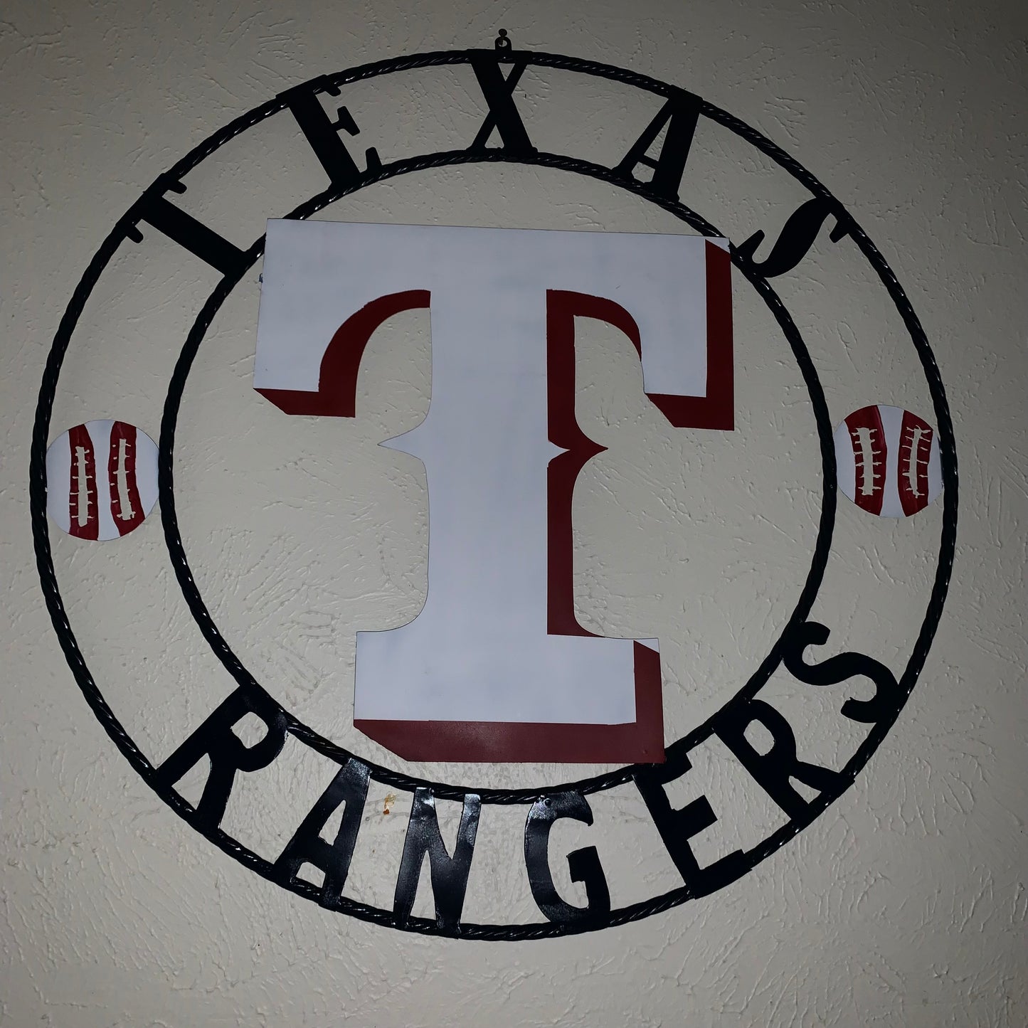TEXAS RANGERS CUSTOM METAL VINTAGE CRAFT TEAM SIGN WHITE & RED & NAVY BLUE RING HANDMADE