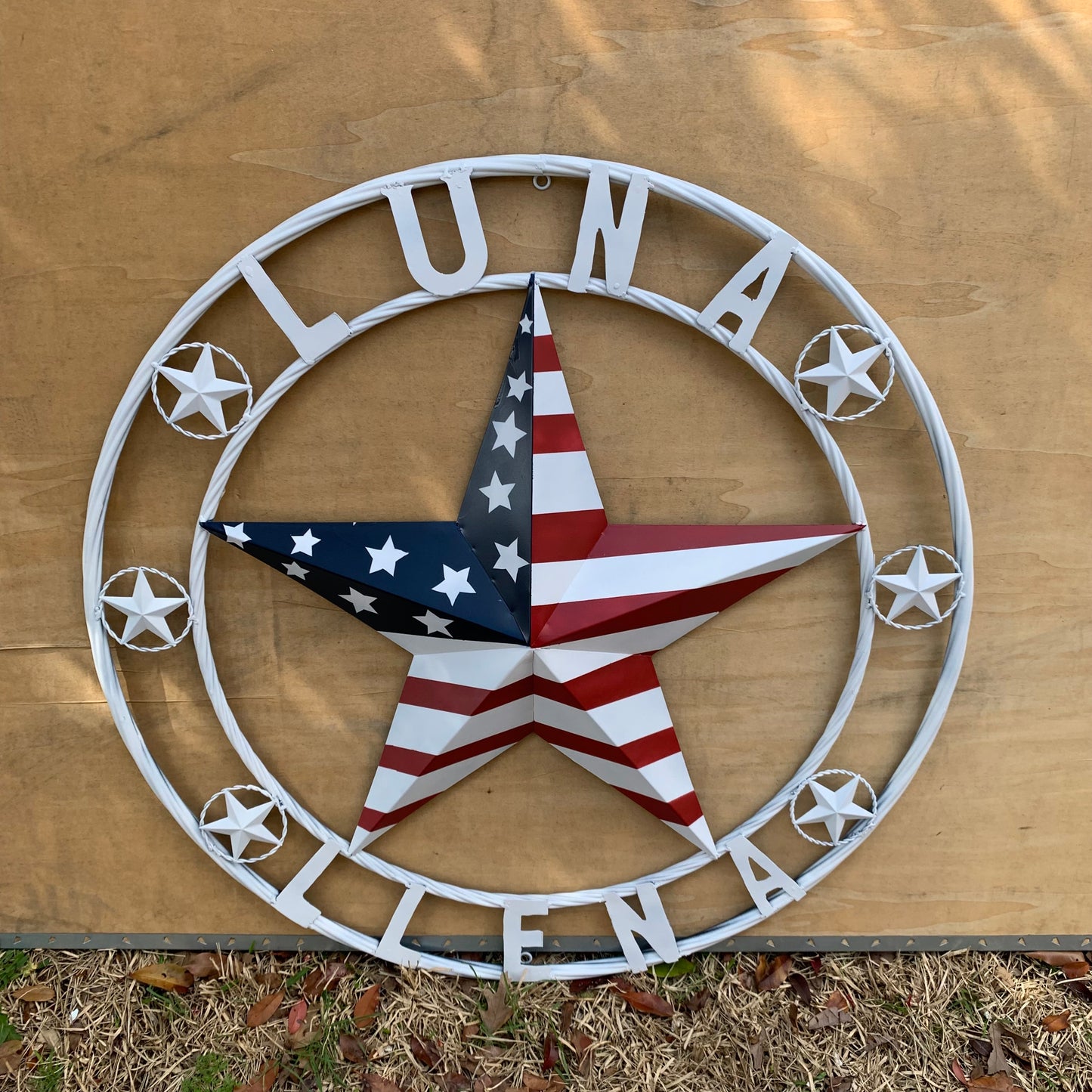 LUNA STYLE CUSTOM NAME BARN STAR METAL STAR 3d TWISTED ROPE RING WESTERN HOME DECOR USA FLAG STAR RED WHOTE & BLUE WITH WHITE RING HANDMADE 24",32",36",50"