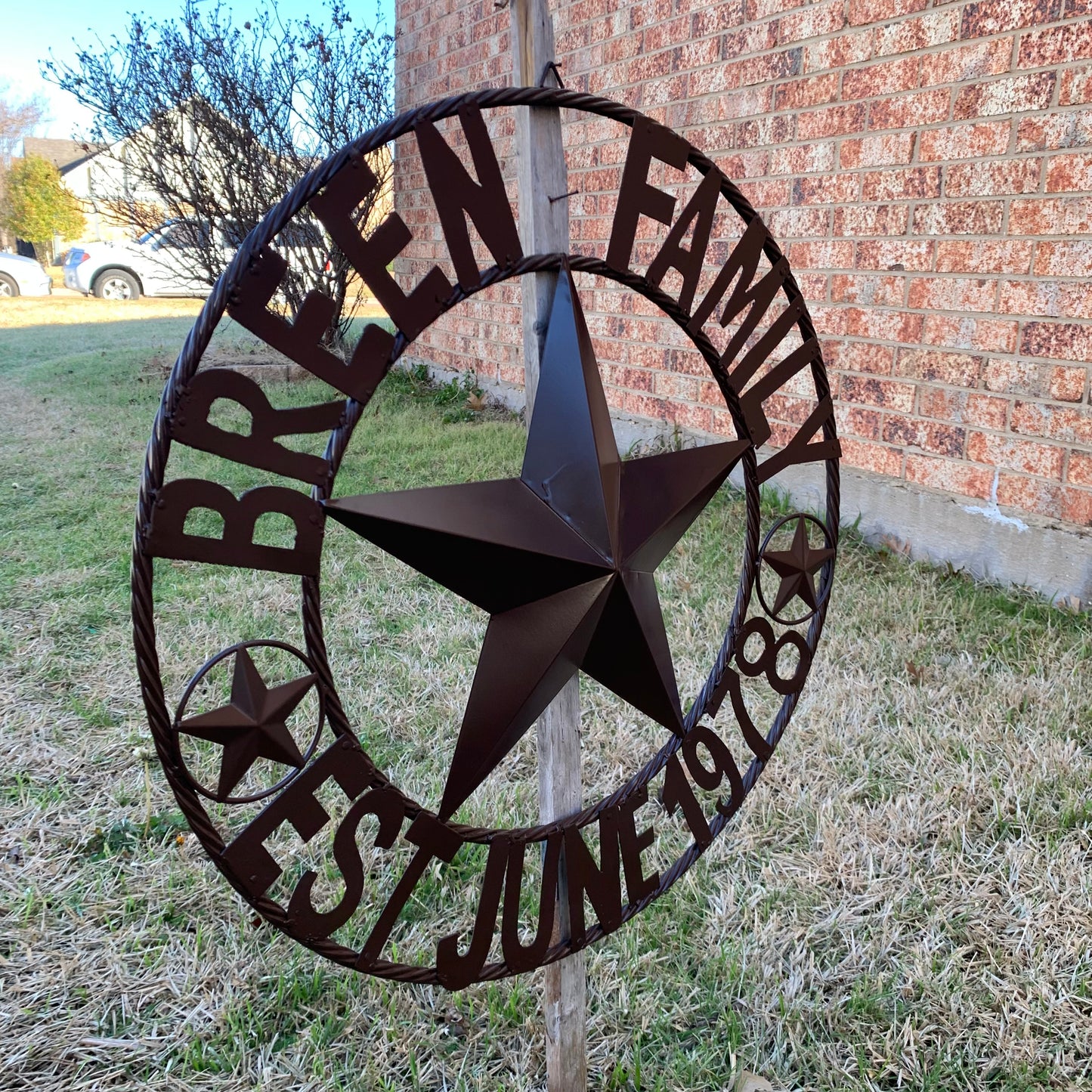 BREEN FAMILY STYLE CUSTOM NAME STAR BARN METAL STAR 3d TWISTED ROPE RING WESTERN HOME DECOR RUSTIC BROWN HANDMADE 24",32",36",50"