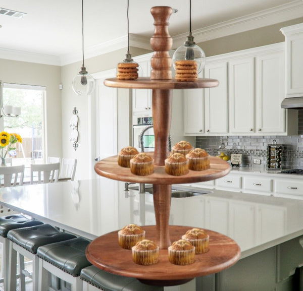 CLASSIC ACACIA WOOD 3-TIER DESSERT STAND WESTERN HOME DECOR HANDMADE BRAND NEW #IH_71476