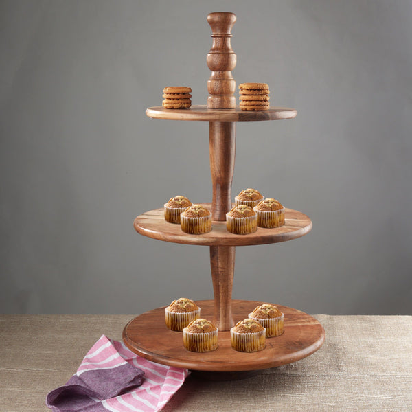 CLASSIC ACACIA WOOD 3-TIER DESSERT STAND WESTERN HOME DECOR HANDMADE BRAND NEW #IH_71476