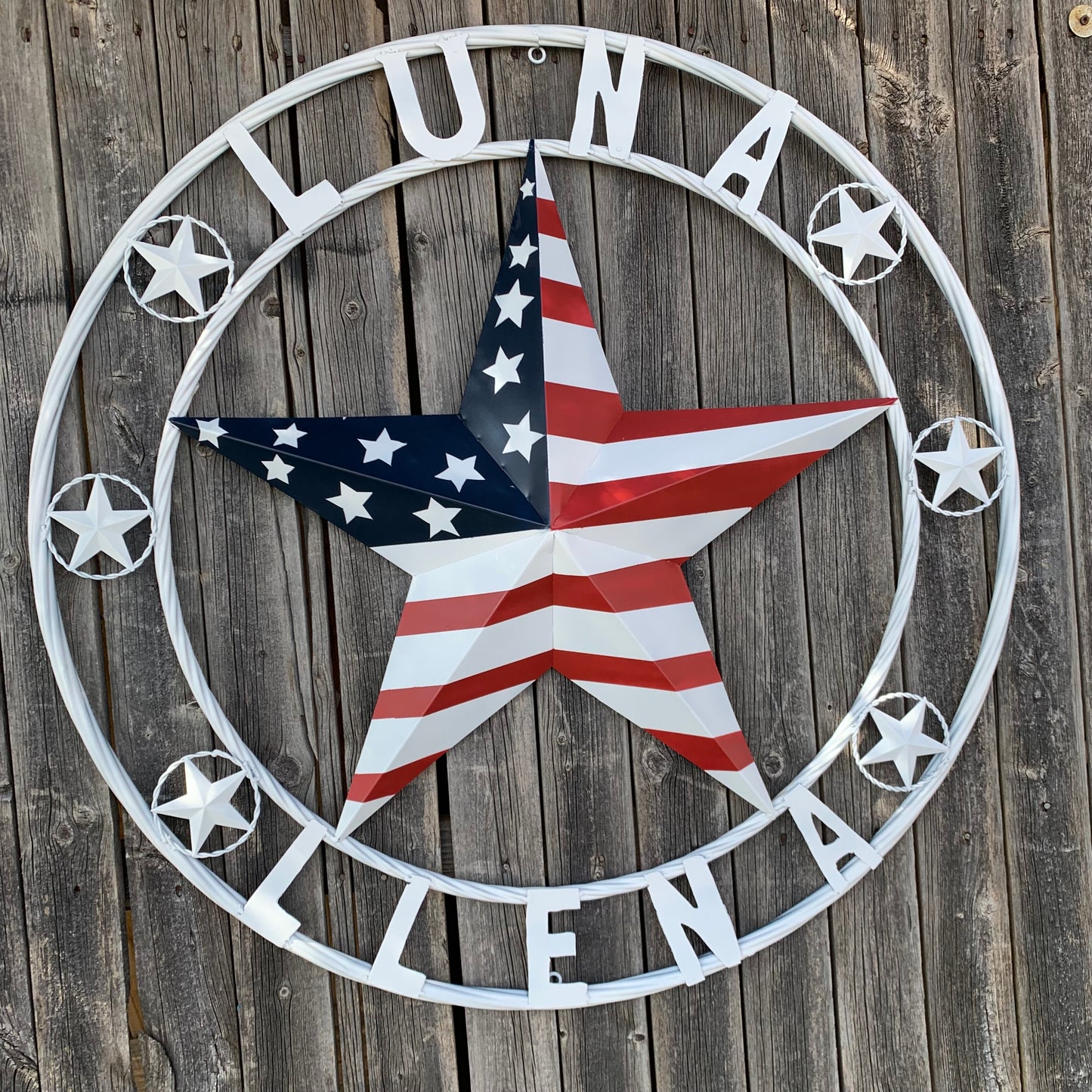 LUNA STYLE CUSTOM NAME BARN STAR METAL STAR 3d TWISTED ROPE RING WESTERN HOME DECOR USA FLAG STAR RED WHOTE & BLUE WITH WHITE RING HANDMADE 24",32",36",50"