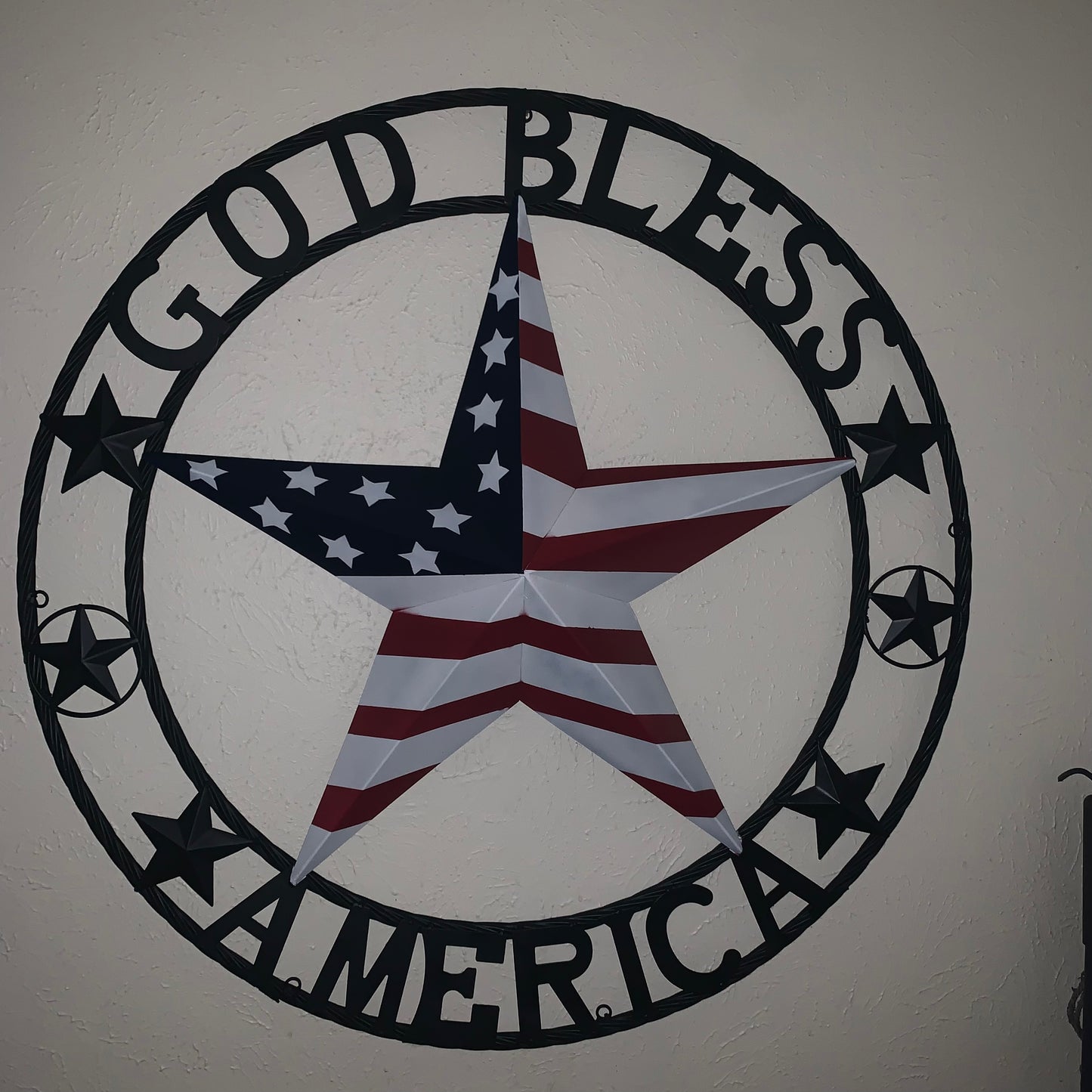 GOD BLESS AMERICA USA FLAG 3d STAR METAL BARN STAR BLACK TWISTED ROPE RING WALL ART WESTERN HOME DECOR RED WHITE & BLUE HANDMADE NEW #EH10490