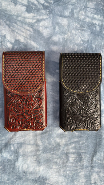 7" PLAIN FLORAL LEATHER HOLSTER BROWN STAR POUCH EXTRA LARGE  BELT LOOP CELL PHONE CASE UNIVERSAL OVERSIZE