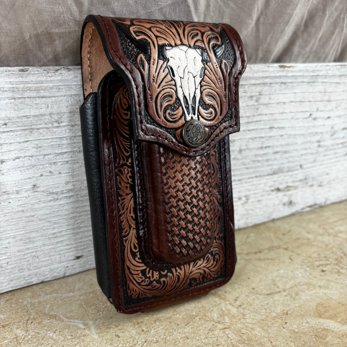 LONGHORN LEATHER HOLSTER 7" PHONE POUCH WITH KNIFE HOLDER FRONT EXTRA LARGE  BELT LOOP CELL PHONE CASE UNIVERSAL OVERSIZE MEXICO MADE #EH13806