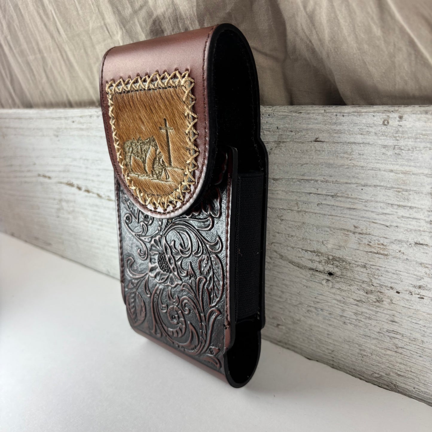 7" COWBOY PRAYER  LEATHER HOLSTER BROWN POUCH EXTRA LARGE  BELT LOOP CELL PHONE CASE UNIVERSAL OVERSIZE #EH13322