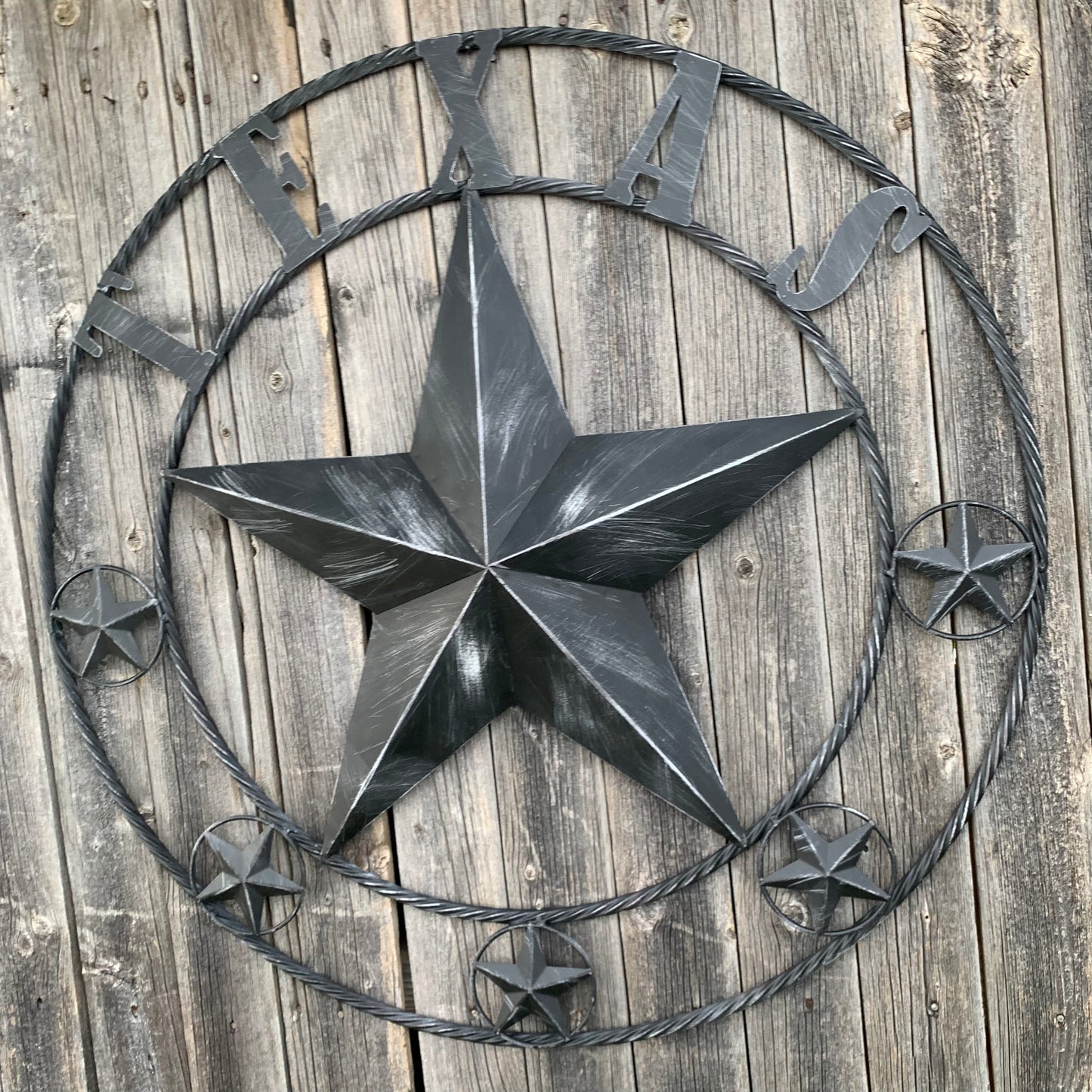 TEXAS BLACK DISTRESSED STAR TWO TONE TEXTURE BARN STAR METAL LONESTAR TWISTED ROPE RING WESTERN HOME DECOR HANDMADE NEW