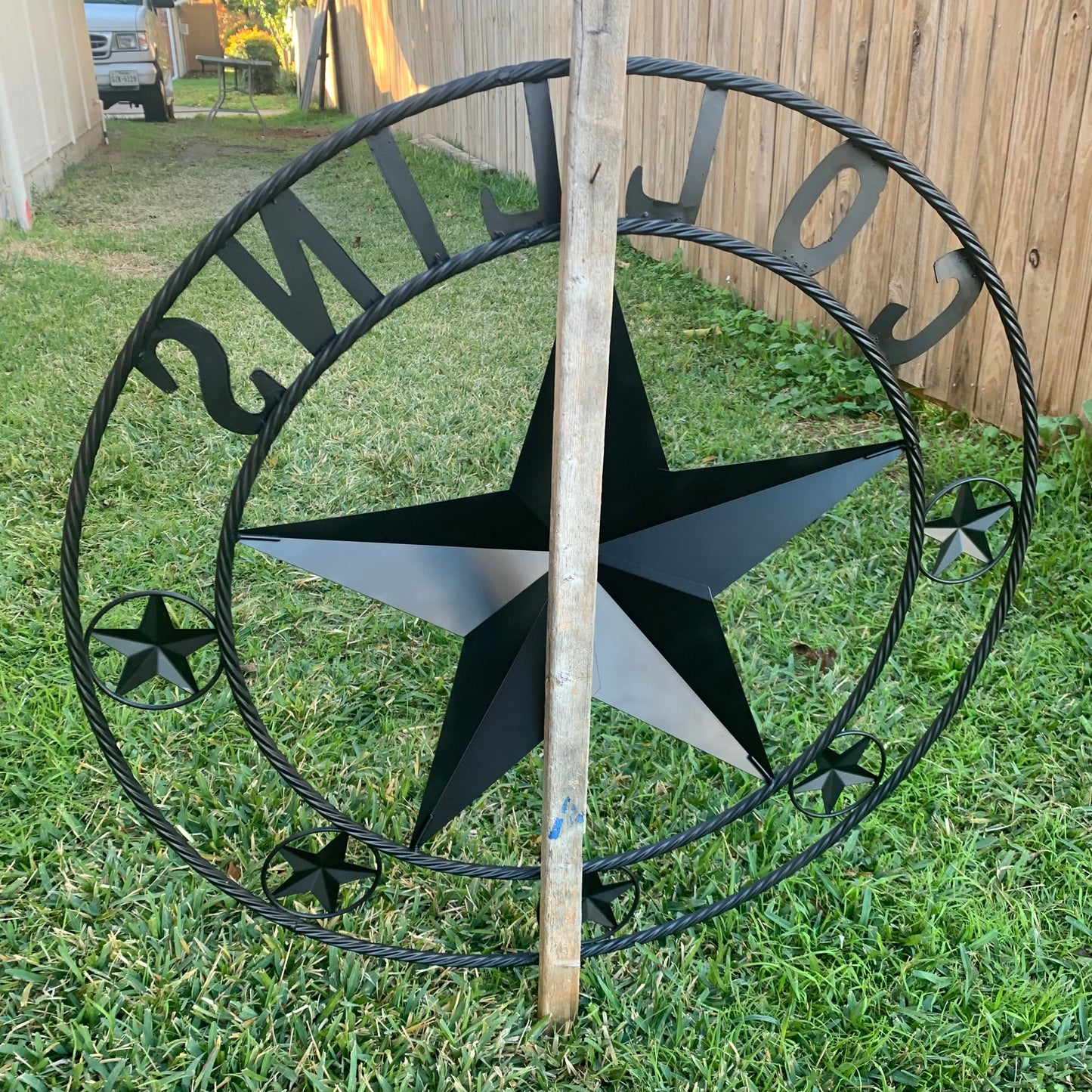 COLLINS STYLE CUSTOM STAR NAME BARN METAL STAR 3d TWISTED ROPE RING WESTERN HOME DECOR RUSTIC BLACK HANDMADE 24",32",36",50"
