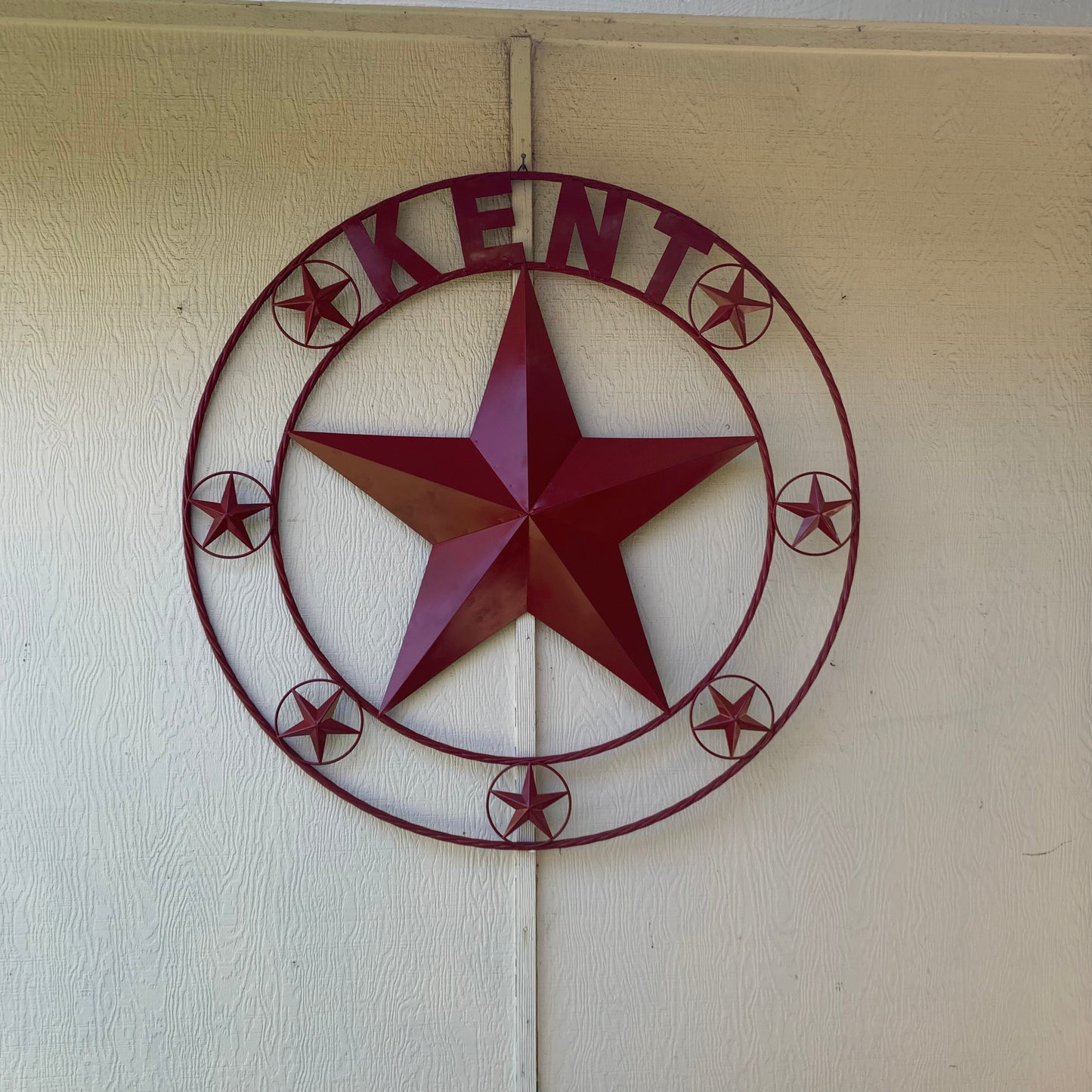 KENT STYLE YOUR CUSTOM STAR METAL NAME RUSTIC BURGUNDY RED CUSTOM 3d STAR METAL NAME BARN STAR TWISTED ROPE RING DESIGN METAL WALL ART HOME DECOR ANY SIZE