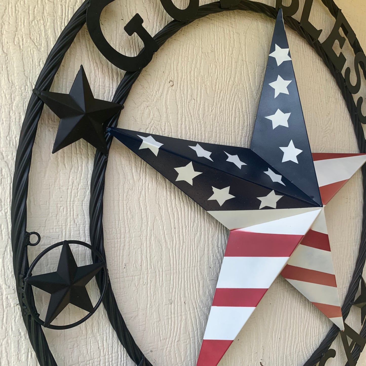 GOD BLESS AMERICA USA FLAG 3d STAR METAL BARN STAR BLACK TWISTED ROPE RING WALL ART WESTERN HOME DECOR RED WHITE & BLUE HANDMADE NEW #EH10490