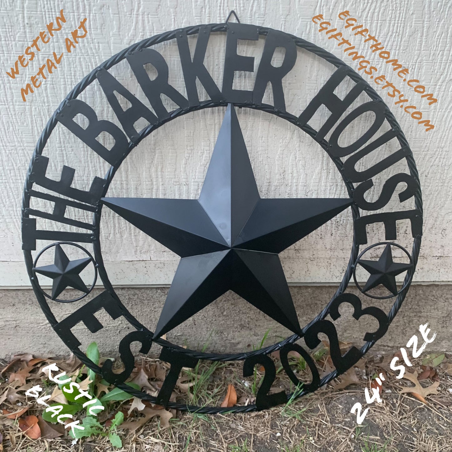 BARKER STYLE CUSTOM NAME STAR BARN METAL STAR 3d TWISTED ROPE RING LONESTAR WESTERN HOME DECOR RUSTIC BLACK HANDMADE 24",32",36",50"