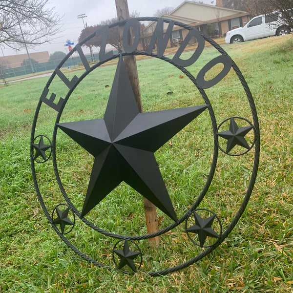 ELIZONDO STYLE CUSTOM NAME STAR BARN METAL STAR 3d TWISTED ROPE RING WESTERN HOME DECOR RUSTIC BLACK HANDMADE 24",32",36",50"