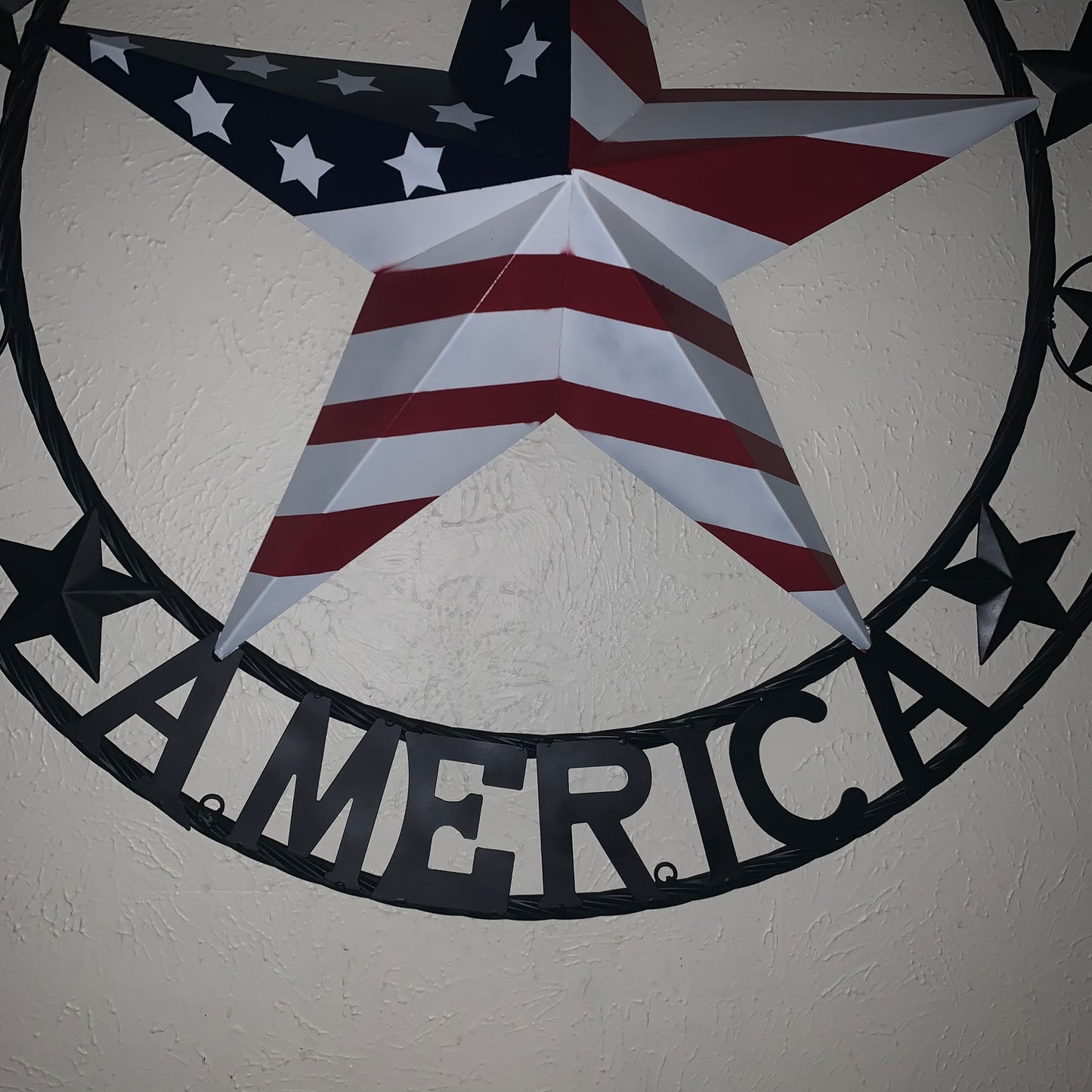 GOD BLESS AMERICA USA FLAG 3d STAR METAL BARN STAR BLACK TWISTED ROPE RING WALL ART WESTERN HOME DECOR RED WHITE & BLUE HANDMADE NEW #EH10490