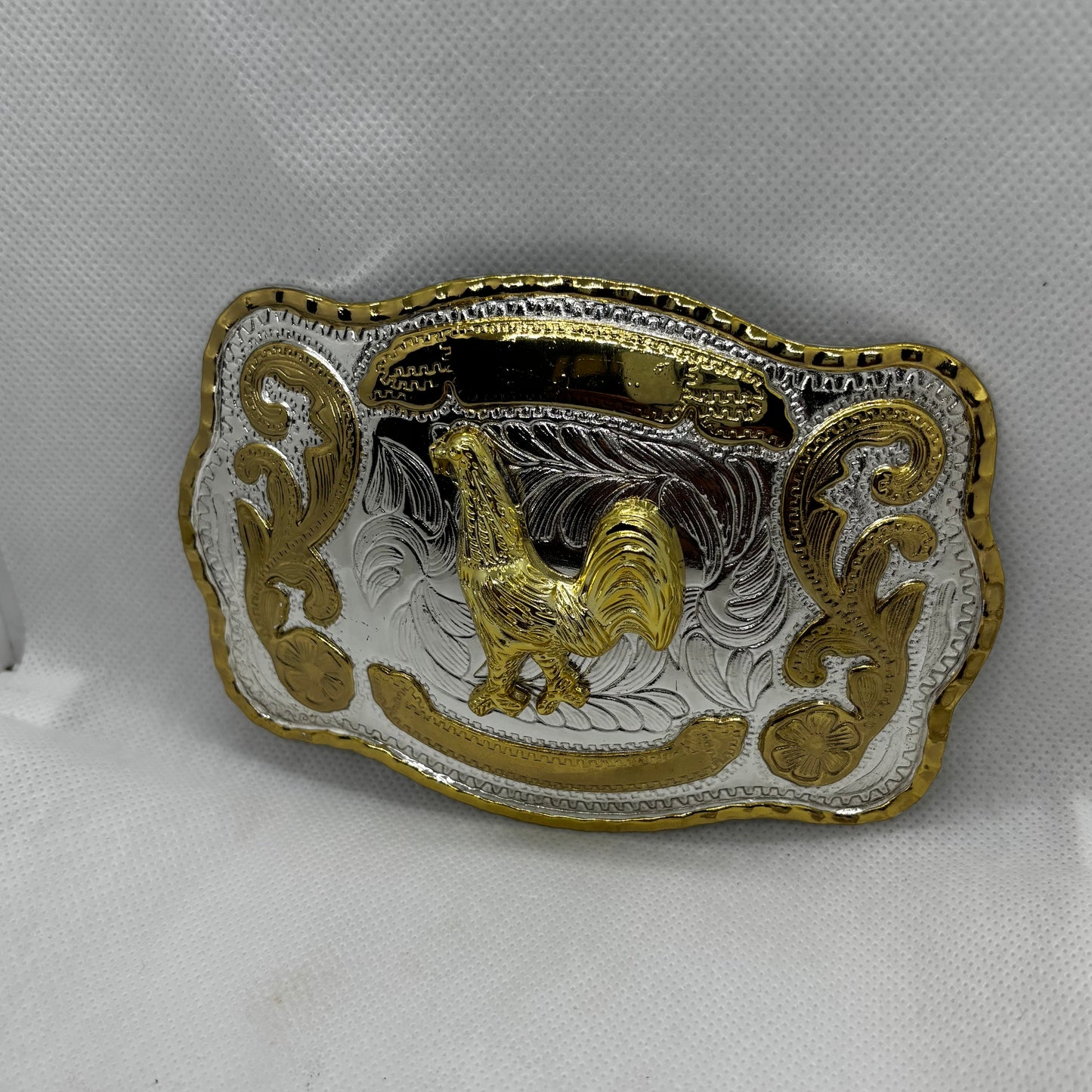 ROOSTER BELT BUCKLE GOLD SILVER WESTERN BUCKLE CRAFT HANDMADE 5.5" X 4" #EH13802