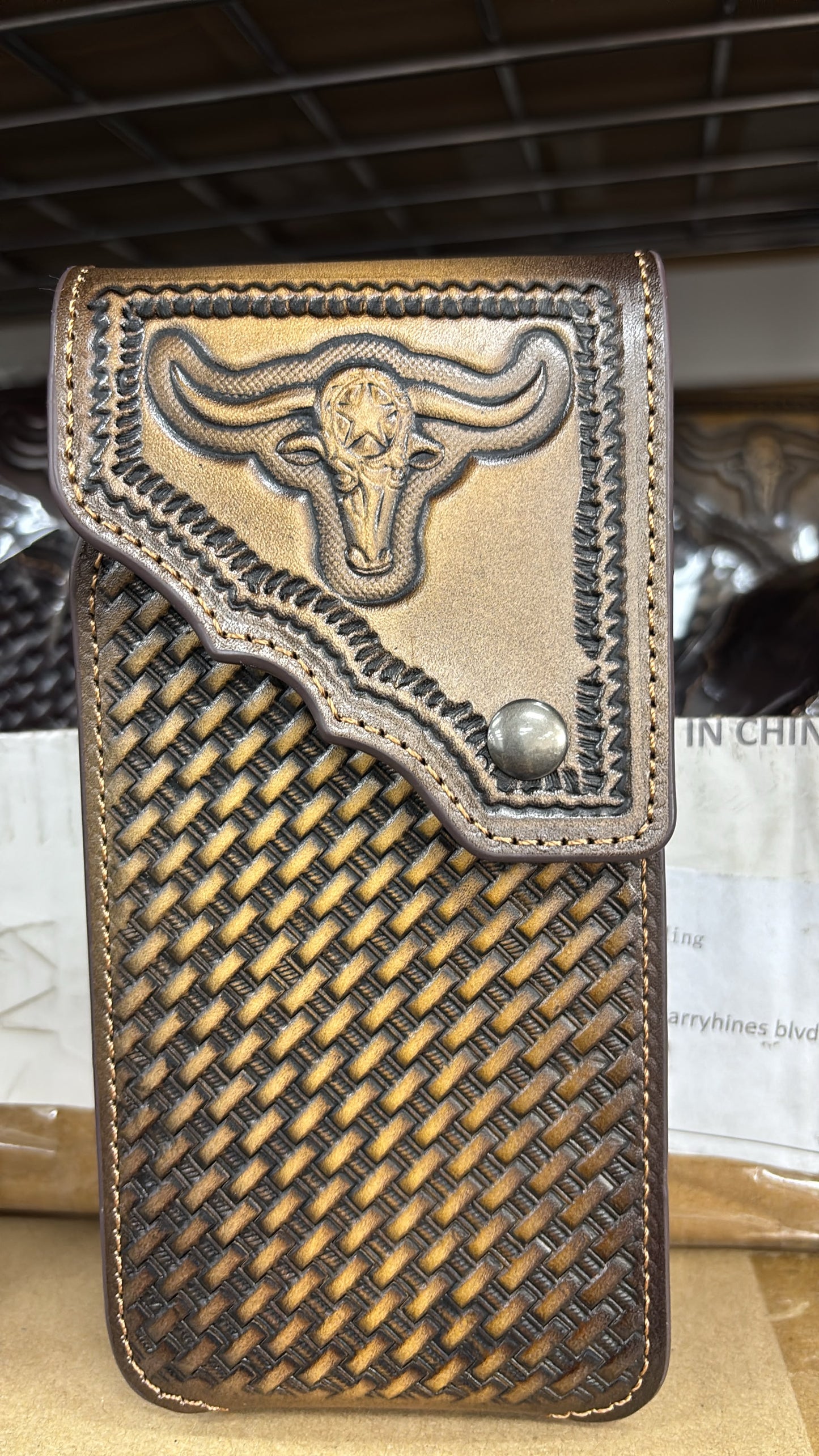 7" LONGHORNS PHONE HOLSTER LEATHER LARGE BELT LOOP CASE UNIVERSAL HANDMADE