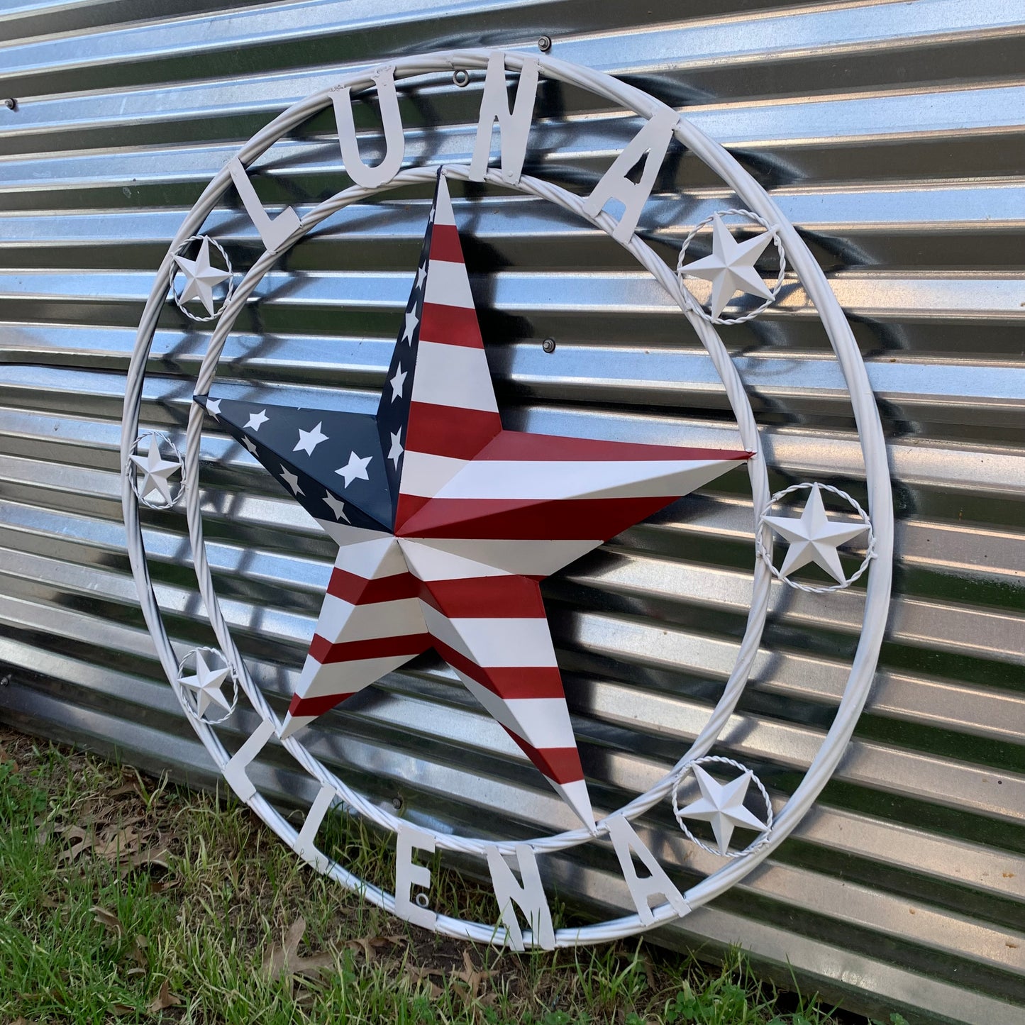 LUNA STYLE CUSTOM NAME BARN STAR METAL STAR 3d TWISTED ROPE RING WESTERN HOME DECOR USA FLAG STAR RED WHOTE & BLUE WITH WHITE RING HANDMADE 24",32",36",50"