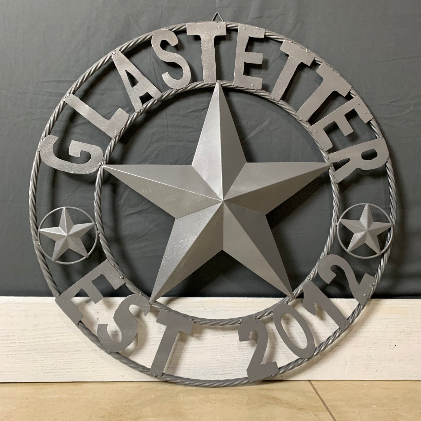 GLASTETTER STYLE YOUR CUSTOM NAME BARN STAR 3d METAL LONE STAR TWISTED ROPE RING WESTERN HOME DECOR RUSTIC GREY HANDMADE 24",32",36",50"