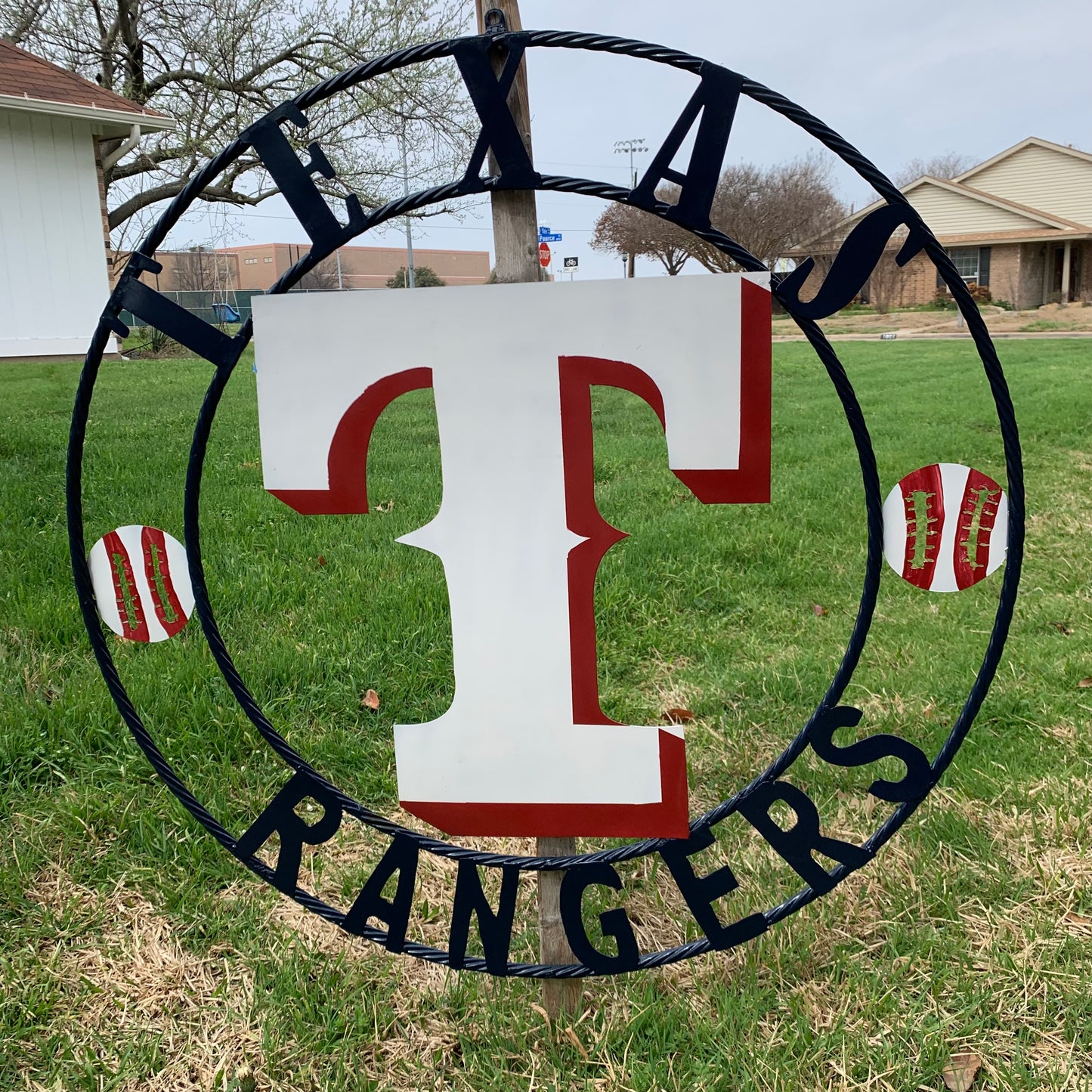 TEXAS RANGERS CUSTOM METAL VINTAGE CRAFT TEAM SIGN WHITE & RED & NAVY BLUE RING HANDMADE