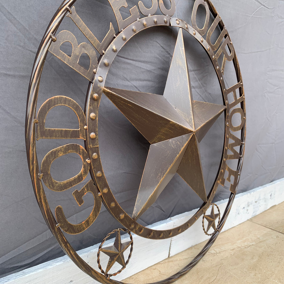 24" GOD BLESS OUR HOME BEADED STAR COLIBROX METAL TWISTED ROPE RING LONE STAR WALL ART WESTERN HOME DECOR RUSTIC DARK BRONZE COPPER HANDMADE NEW