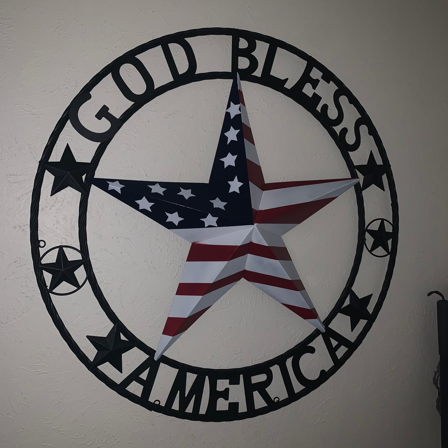GOD BLESS AMERICA USA FLAG 3d STAR METAL BARN STAR BLACK TWISTED ROPE RING WALL ART WESTERN HOME DECOR RED WHITE & BLUE HANDMADE NEW #EH10490